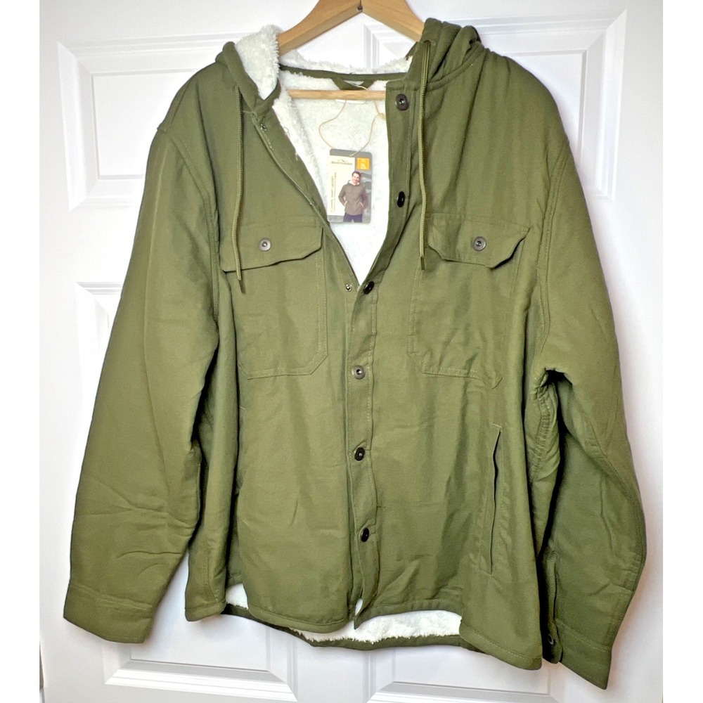 Adventuridge Mens Sherpa Lined Hooded Flannel Shirt Jacket XL Olive Green NWT